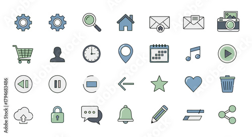 Comprehensive collection of modern flat design user interface and experience vector icons for web, app, and digital projects, featuring diverse symbols and essential functions