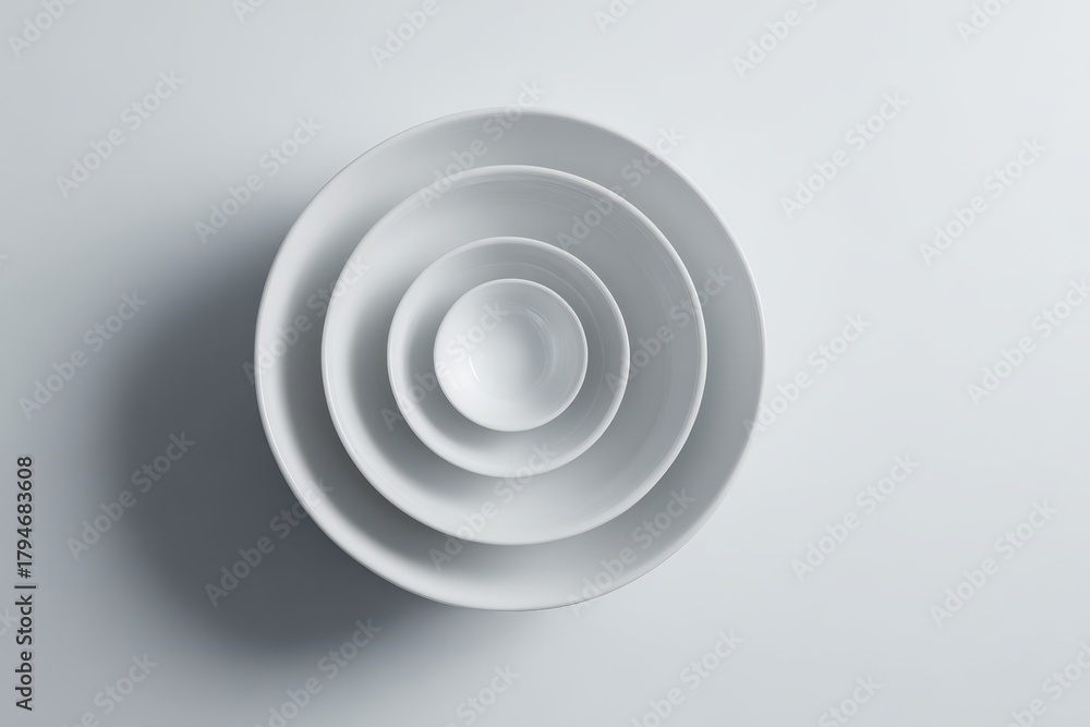 Fototapeta premium Minimalist White Bowls - Concentric Circles of Ceramic Simplicity on a Clean Background.