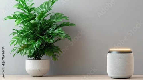 Lush potted plant with green leaves beside modern smart speaker minimalist wooden table indoor