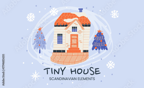 Tiny winter house with smoke and snowflakes in a scandinavian neighborhood.