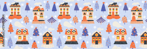 Snowy Christmas street simples pattern with simple scandinavian homes.