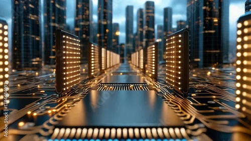 Glowing circuit pathway to futuristic server tower motherboard cityscape with golden reflective