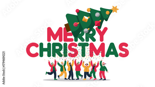 Festive Cheers: A vibrant illustration of joyful people celebrate the merry christmas holiday season with cheerful spirit, with a delightful christmas tree.