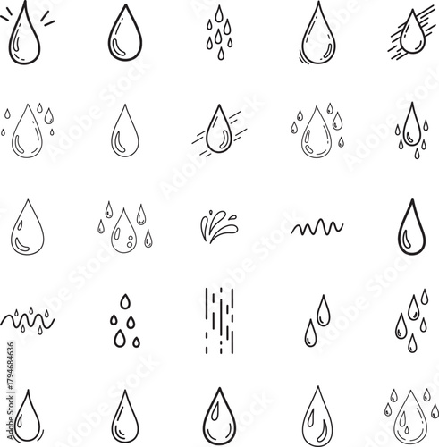 Sweat Drops doodle line art collection. Includes line art symbols water, drop, tear, rain, liquid and more. Isolated doodles. Water drop doodle set. Minimalist doodles pack.