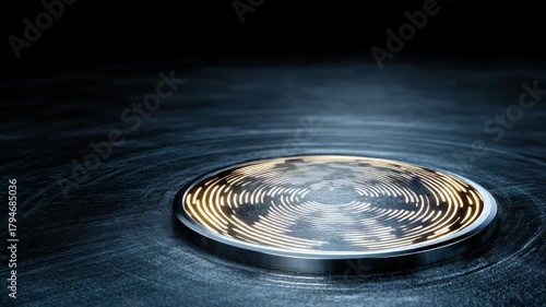 Glowing circular fingerprint sensor with metallic rim and concentric light patterns textured metal