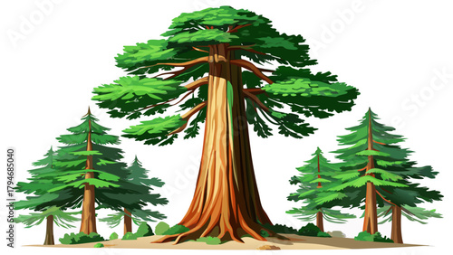 Very beautiful realistic vector illustration of the tallest green sequoia tree in the world, isolated on a white background, featuring detailed foliage, towering height, and natural textures, perfect 