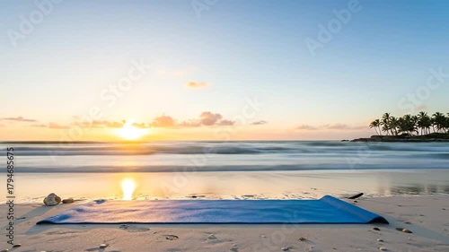 Serene Beach Sunrise with Yoga Mat Calm Ocean Waves and Tropical Trees in Distance