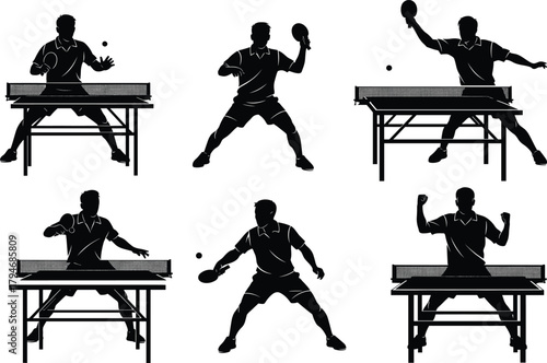 Table tennis silhouettes, ping pong action, paddle strike, sport vector, black design, dynamic pose, ball motion, athletic stance, game play