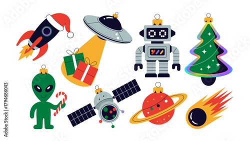 Galactic Ornaments: Adorable holiday ornaments, featuring a rocket, an alien spacecraft, robot, a Christmas tree, an extraterrestrial figure, a satellite, a planet with rings, and a shooting star.