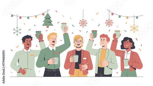 Fotografie Festive Toast of Merriment: In a cozy gathering, a diverse group of individuals raise their mugs, celebrating with a festive toast