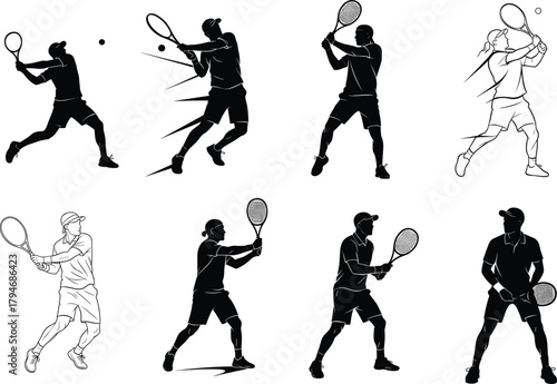 Tennis player silhouettes, racket swing, forehand motion, backhand pose, sport vector, black design, dynamic action, athletic stance, ball hit