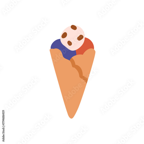 Ice-cream cone, waffle with different balls, scoops. Sweet frozen summer dessert, creamy dairy treat in wafer, refreshing icecream icon. Flat vector illustration isolated on white background