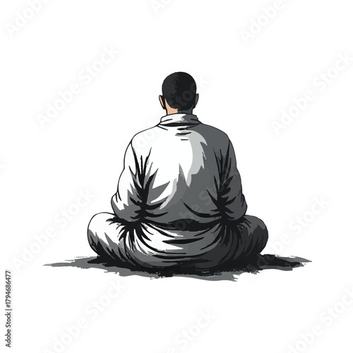 Ink painting of meditating buddhist monk, view from the back. Traditional oriental ink painting sumi-e, u-sin, go-hua on white background.