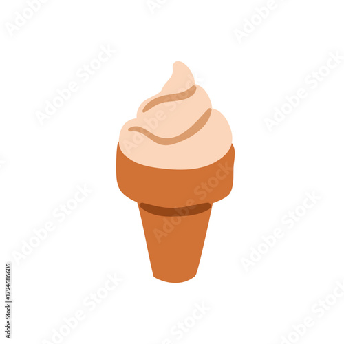 Ice-cream in waffle cone. Icecream, soft swirl, cold vanilla flavor dessert. Creamy dairy treat, sweet frozen cool refreshing summer food. Flat vector illustration isolated on white background