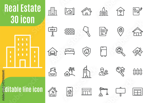 Real Estate minimal icon set. Included the icons as property, builder, home loan and more. Thin outline icons pack. Vector illustration EPS10