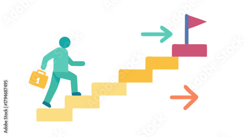 Career success journey: man climbing stairs to reach goal with briefcase and arrows illustration vector