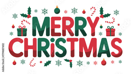 Festive Christmas Greeting: A vibrant Christmas greeting, composed with the words Merry Christmas in a festive font, is adorned with iconic seasonal elements to spread cheer.