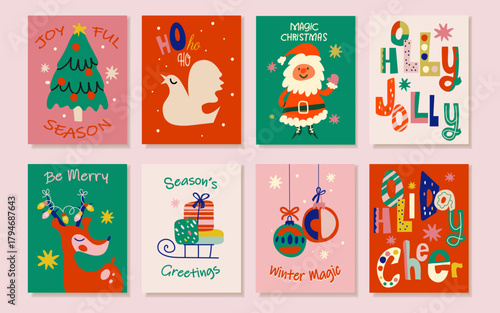 Minimalist Christmas card set with festive decorations and calligraphy. Simple modern holiday vector templates for greeting cards, invitations, and seasonal design projects.	