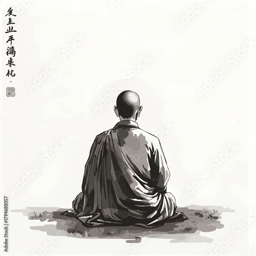 Ink painting of meditating buddhist monk, view from the back. Traditional oriental ink painting sumi-e, u-sin, go-hua on white background.