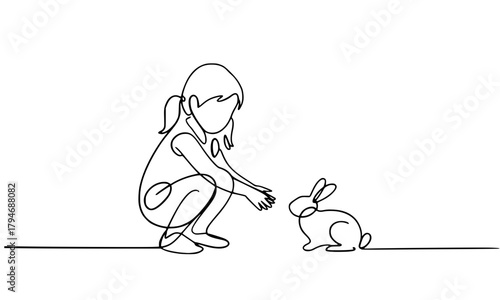 Line Drawing of Young Girl Squatting to Play with a Small Rabbit, Childhood and Pet Love Concept