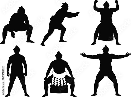 Sumo wrestling silhouettes, traditional poses, sport vector, black design, ritual stance, dynamic motion, Japanese culture, athlete posture, fighting art