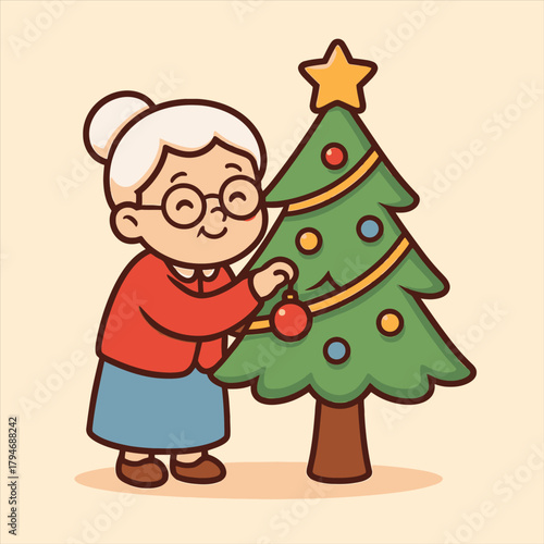 Cute Grandma Decorating Christmas Tree Flate Vector Logo Illustration for Holiday Season