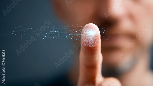 Dedo con huella dactilar digitalizada en interfaz tecnológica de identificación biométrica
