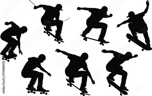 Skateboarding silhouettes, mid-air tricks, helmet rider, dynamic motion, sport vector, black design, street skate, jump pose, action sequence
