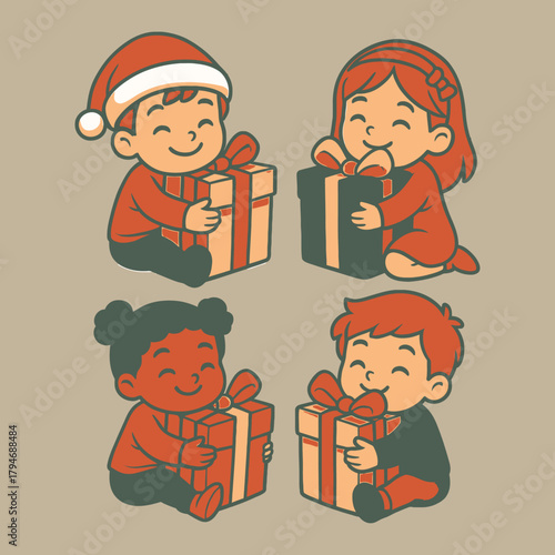 Joyful children unboxing gifts during festive celebrations, a charming flate vector logo illustration set of cute kids with presents symbolizing happiness