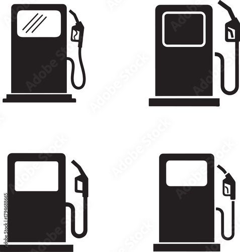 Set of four black and white icons representing modern fuel pumps for gasoline stations