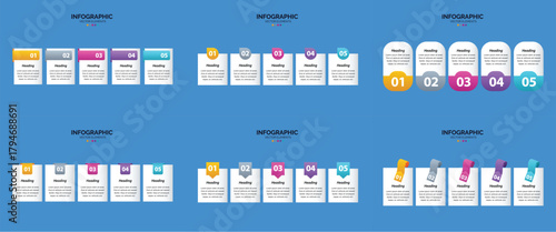 A collection of six infographic layouts featuring colorful icons, text, and visual elements for data presentation.
A dark background displays six distinct infographic templates, each featuring rows of