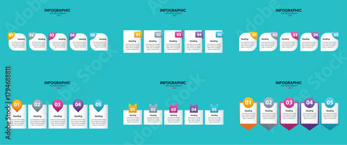 A collection of six infographic layouts featuring colorful icons, text, and visual elements for data presentation.
A dark background displays six distinct infographic templates, each featuring rows of