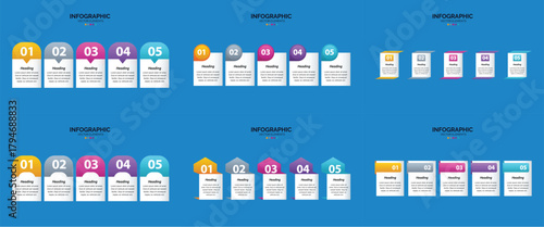 A collection of six infographic layouts featuring colorful icons, text, and visual elements for data presentation.
A dark background displays six distinct infographic templates, each featuring rows of