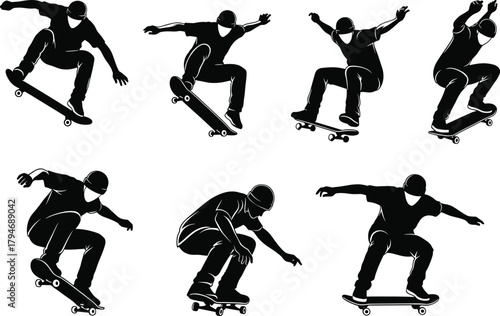 Skateboarding silhouettes, trick sequence, helmet rider, jump pose, balance motion, sport vector, black design, street skate, dynamic action