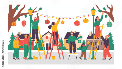 Festive Community Decorating: A vibrant depiction of a diverse community coming together to adorn their neighborhood with holiday decorations, fostering a sense of togetherness and cheer.