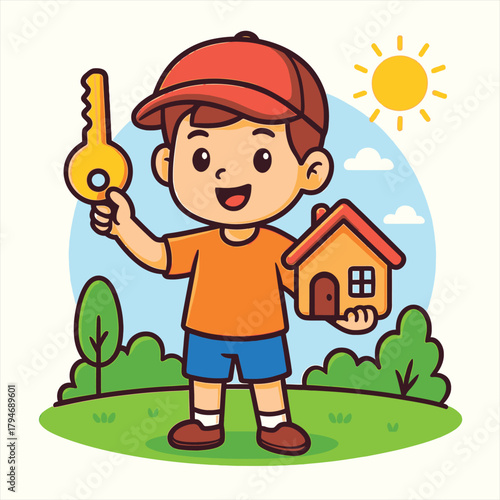 A happy cartoon boy holding a house and key a real estate concept flat vector logo illustration