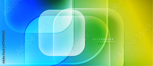 Abstract gradient background. Blue, green, yellow hues blend smoothly. Geometric shapes overlap creating dynamic visual effect. Modern design element.