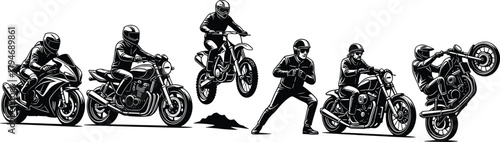 Motorcycle action illustration, sportbike, cruiser, dirt bike jump, wheelie stunt, helmet rider, vector design, black silhouette, racing motion