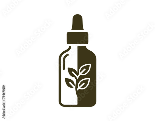 Organic Pharmaceutical Ingredient in a Bottle with a Plant Silhouette Icon. Botanical Medical Cosmetic Product Glyph Pictogram. Pharmacy Health Care Icon. Herbal Medicine Symbol. Isolated Vector 