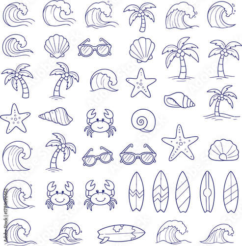 Hand-drawn Summer Beach Icons: Palm Trees, Ocean Waves, Surfboards, Beach Umbrella, Relaxing Chairs, Jellyfish, Starfish, and Tropical Drinks.,Captivating hand-drawn collection of summer vacation.
