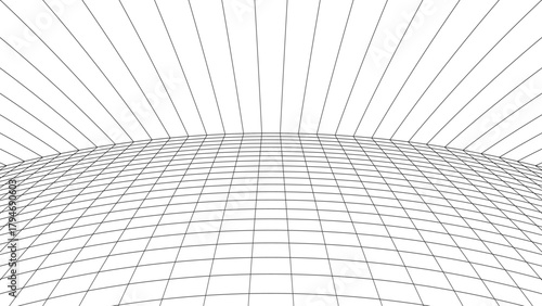 3D wireframe perspective grid room template design vector illustration background. Empty three dimensional virtual room perspective wireframe grid geometric sketch. Cyber virtual line interior frame.