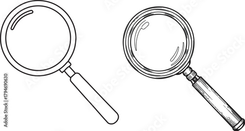 Hand-drawn sketch of a magnifying glass with detailed shading in black and white. magnifying glass vector...