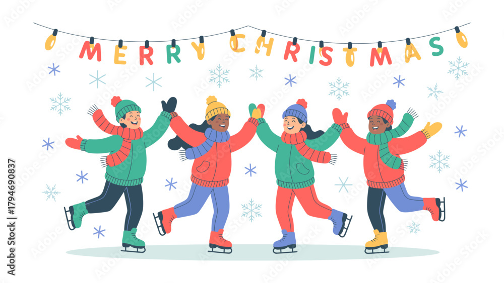 Fototapeta premium Festive Ice Skating: A group of friends joyfully ice skate beneath a glowing Merry Christmas banner, their laughter echoing through the snowy winter air.