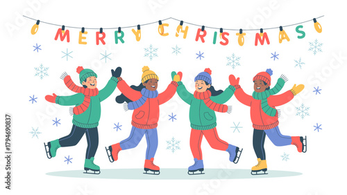 Festive Ice Skating: A group of friends joyfully ice skate beneath a glowing Merry Christmas banner, their laughter echoing through the snowy winter air.