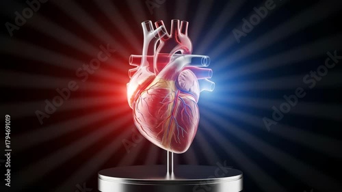 A 3D animated human heart model beating and rotating. Vertical video showing cardiovascular anatomy for medical and scientific purposes. Cardiology and healthcare concept.