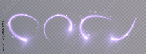 A brilliant purple magic arc with soft glowing rays and glittering dust particles, creating a dynamic glowing trail for fantasy effects, spell effects, and vibrant lighting overlays in game design.