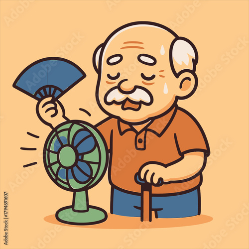 Senior man with fan sweating from a summer heatwave, heat stroke prevention flate vector logo illustration concept 20.eps