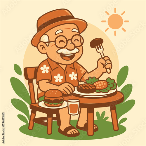 A cheerful senior man enjoying an outdoor summer barbecue feast, presented as a vibrant flate vector logo illustration, ideal for leisure concepts