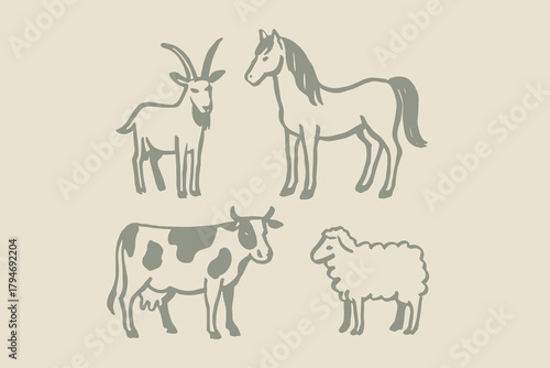 Farm animals set naive sketch hand drawn vector illustration