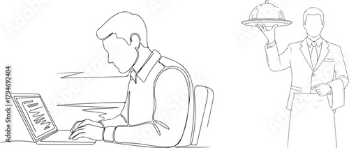 Continuous Line Drawing of a Man Working and a Waiter